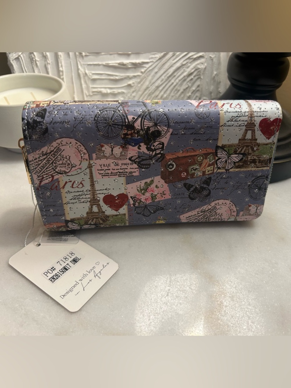 Lavender Blue Paris Print Butterfly Clutch Wallet